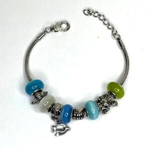 Silver Tone Charm Bracelet Fish Crab Shells Blue Green Beaded